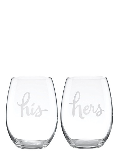 two of a kind stemless his and hers wine glasses
