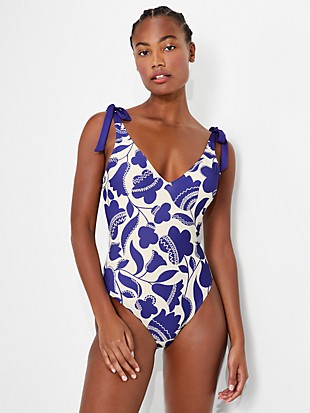 Zigzag Floral Bow-Strap V-Neck One-Piece